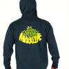 Navy Junglist Massive hoodie with yellow text on the back against a white background