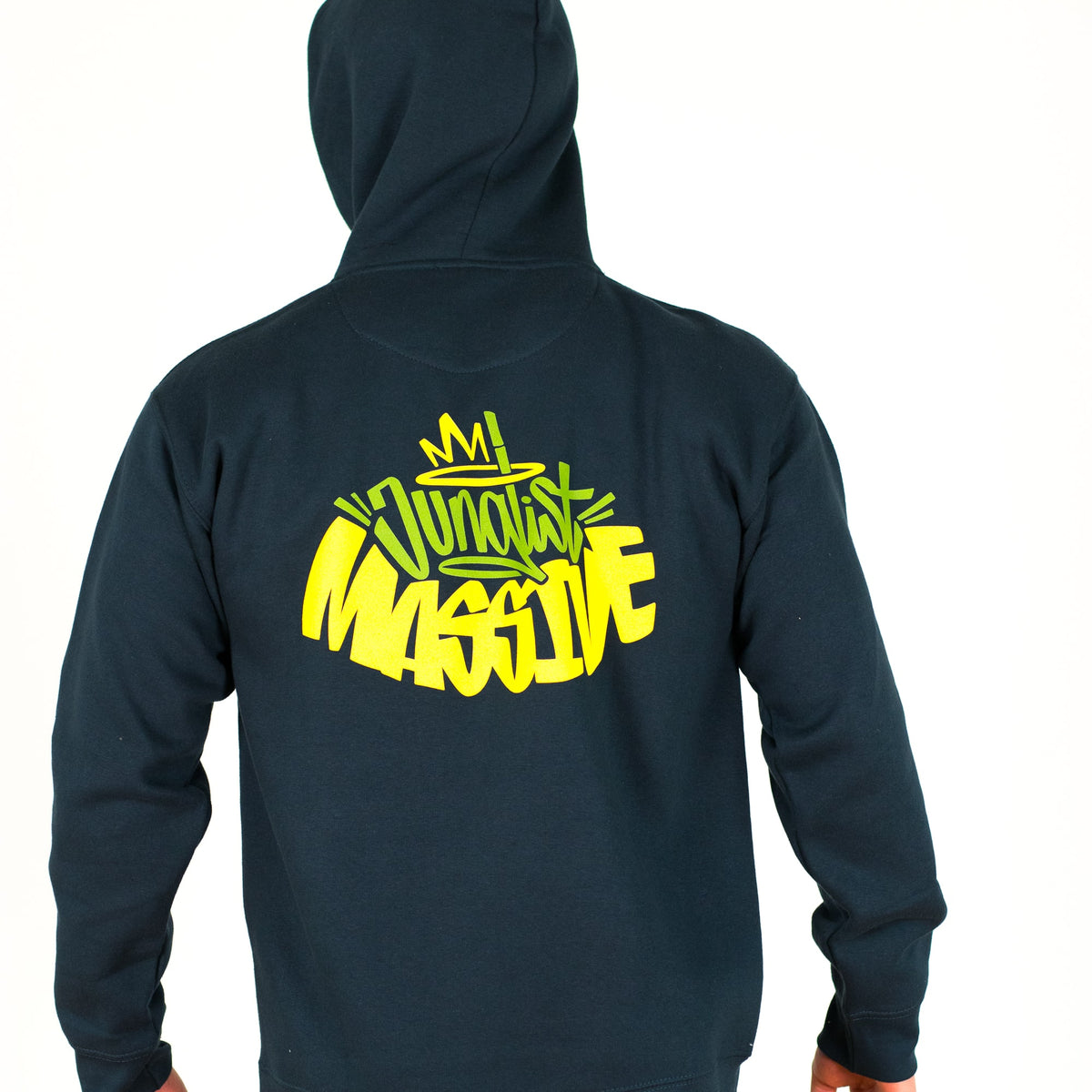 Navy Junglist Massive hoodie with yellow text on the back against a white background