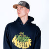 Model wearing Junglist Massive Navy Hoody