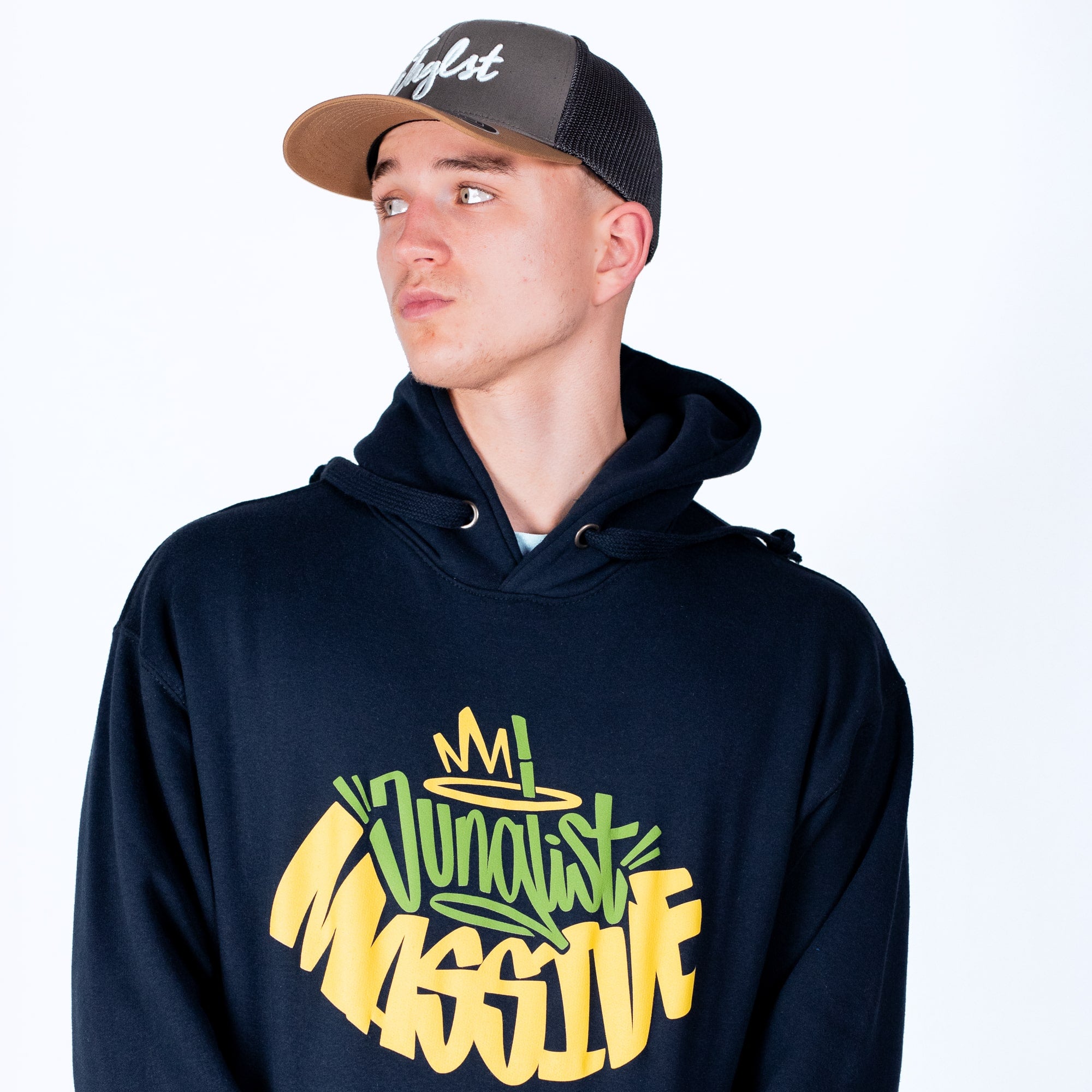 Model wearing Junglist Massive Navy Hoody
