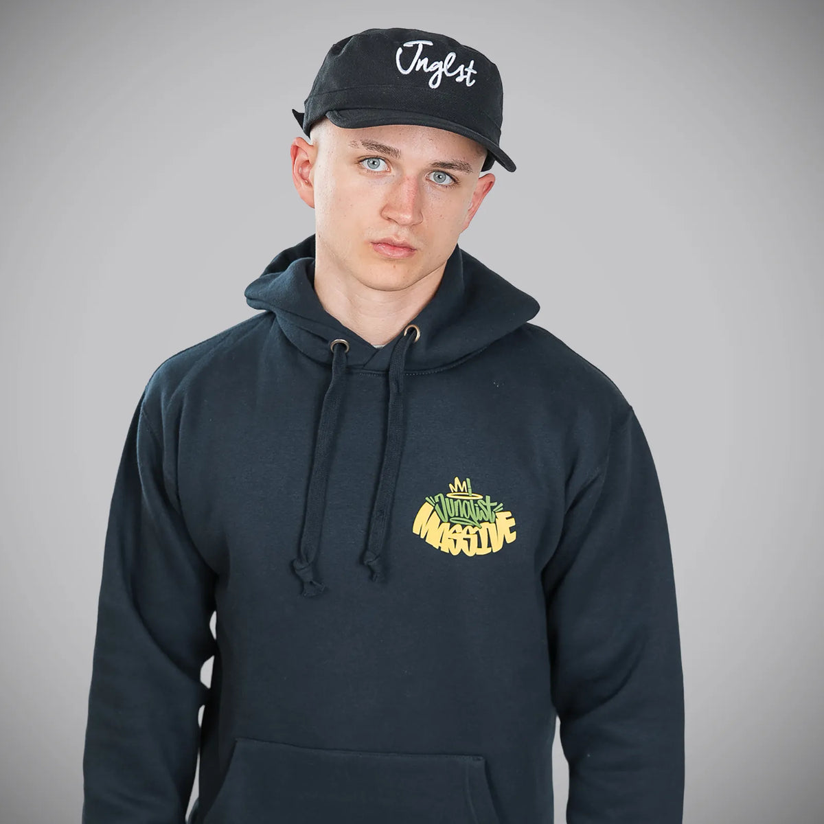 Junglist Massive DnB Navy Hoody worn by Junglist in studio