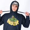 model wearing navy pullover hoody with junglist massive design