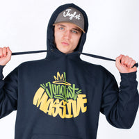model wearing navy pullover hoody with junglist massive design