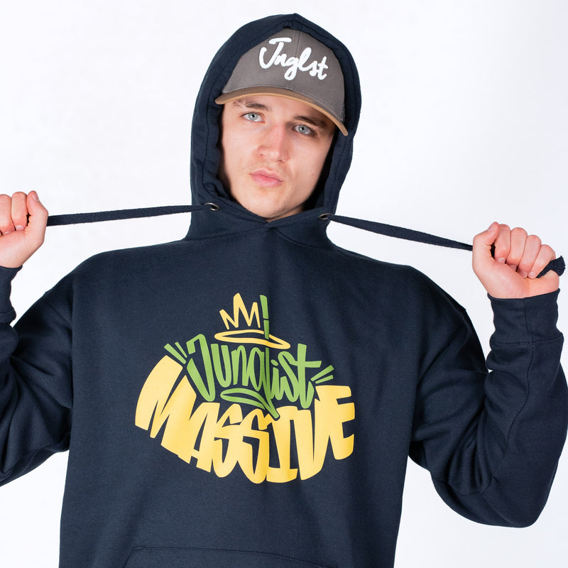 model wearing navy pullover hoody with junglist massive design
