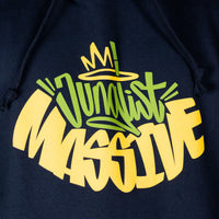 Navy blue hoodie with 'Junglist Massive' text design in green and yellow on a dark background