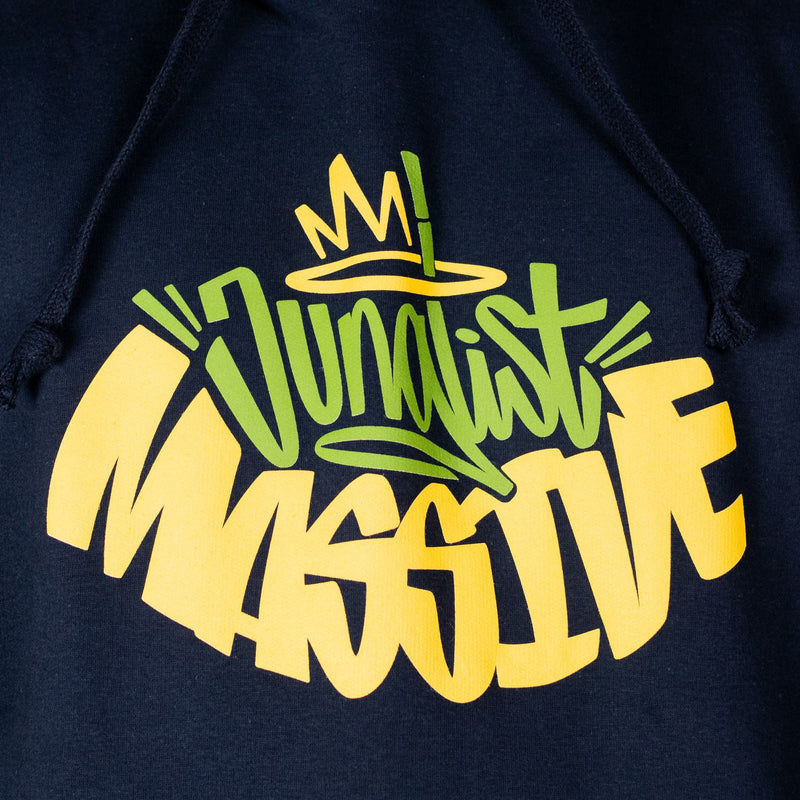 Navy blue hoodie with 'Junglist Massive' text design in green and yellow on a dark background