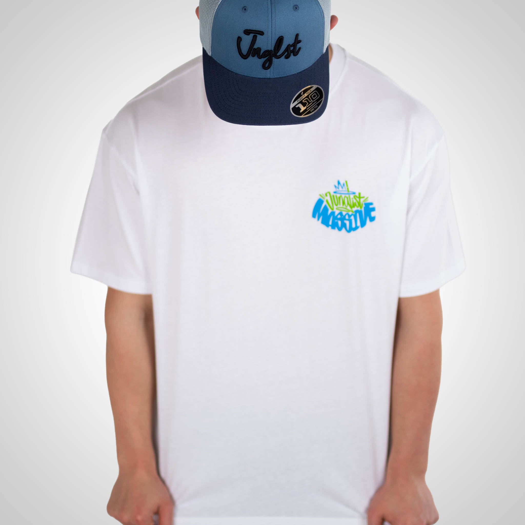 Junglist Massive Relaxed Fit White t shirt and blue jnglst cap