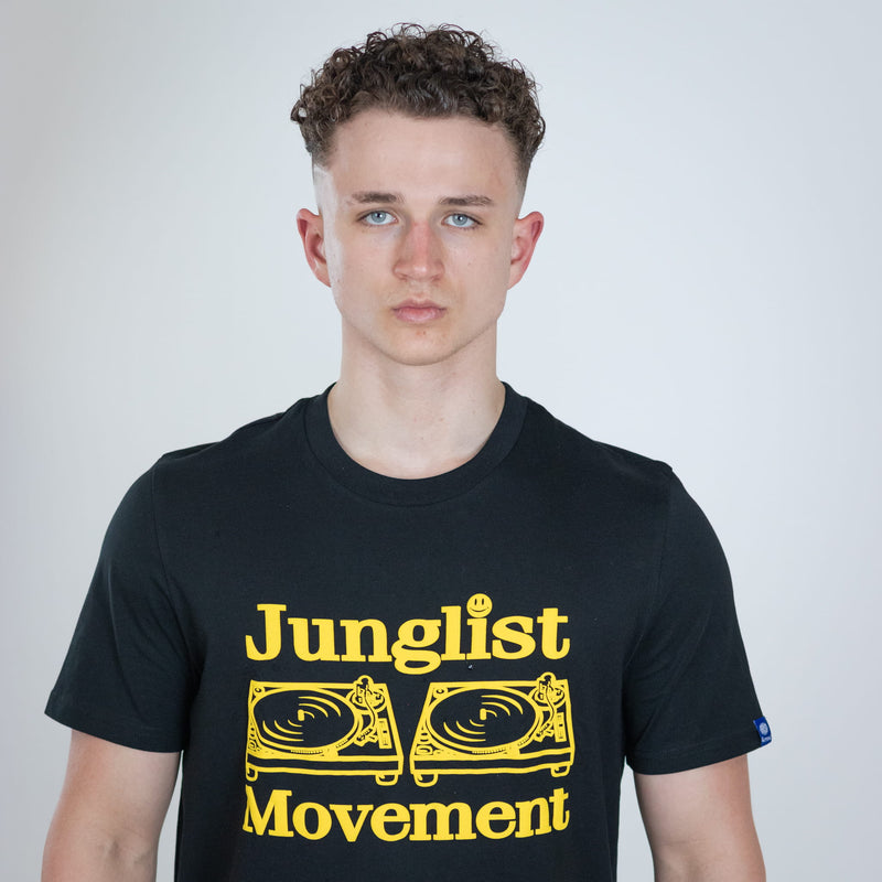 junglist movement black t shirt with yellow print