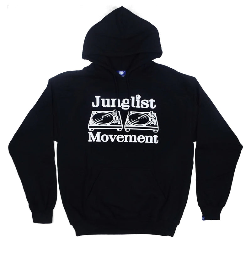 Black hoodie with 'Junglist Movement' text and graphics on a white background