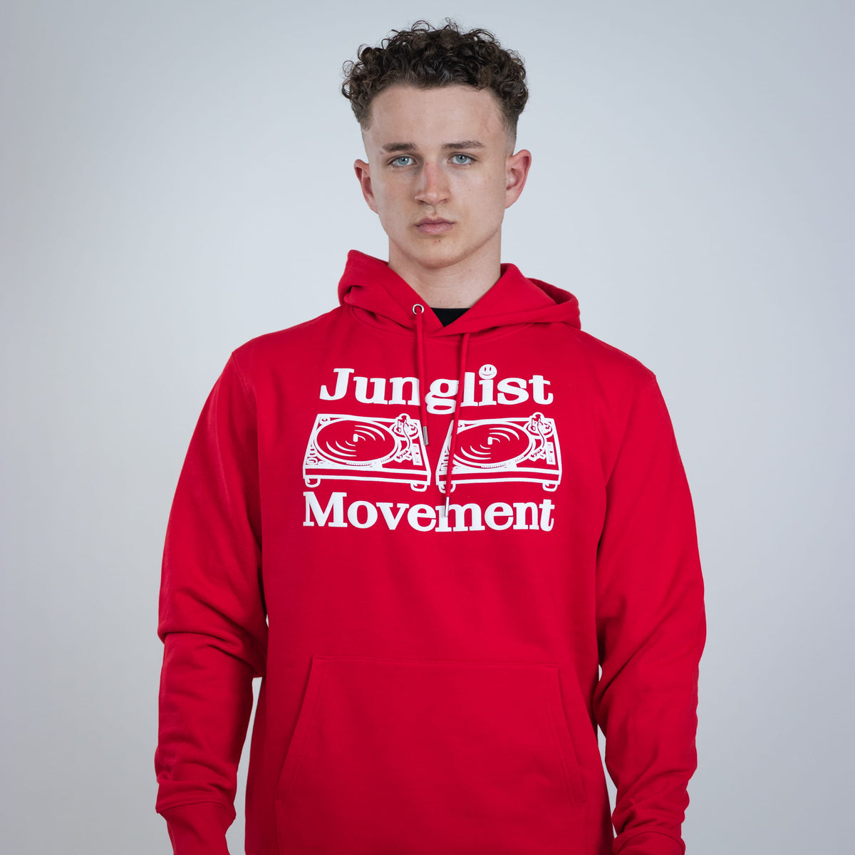 Junglist Movement Red Hoody worn in studio