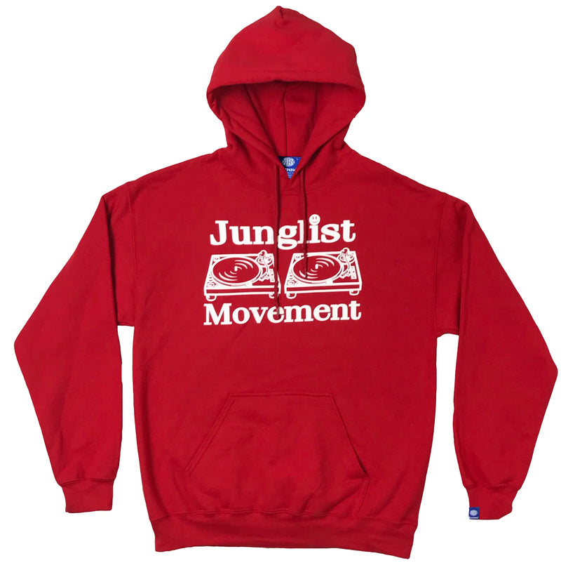 Red hoodie with 'Junglist Movement' text and turntable graphics on a white background