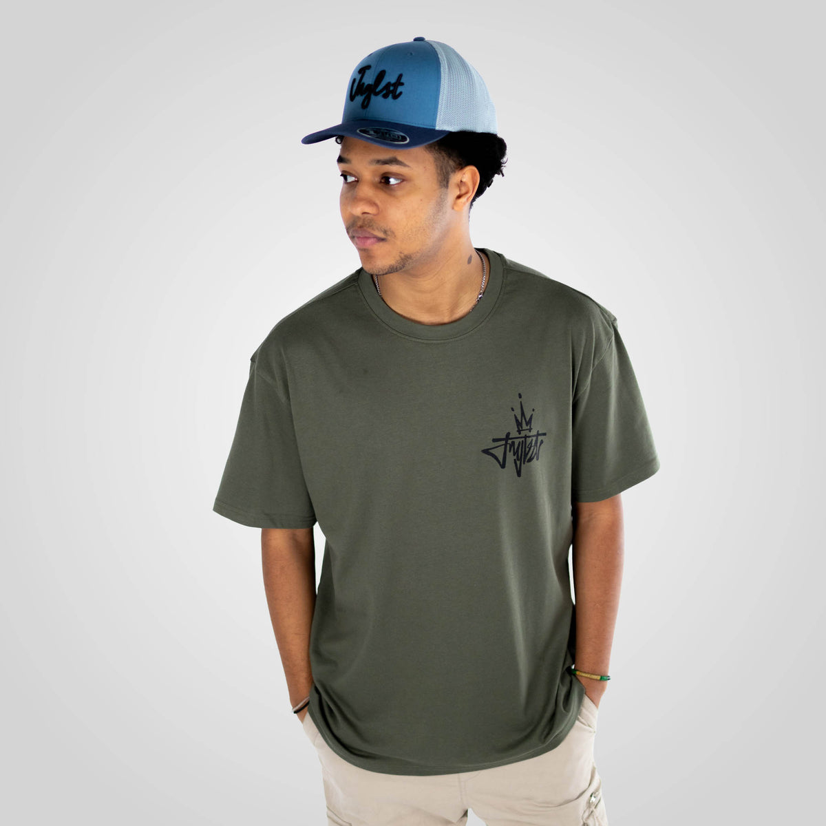 Royalty VIP crown Olive tee worn by model