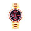 Junglist Wristwatch with gold strap and red and black face on a white background