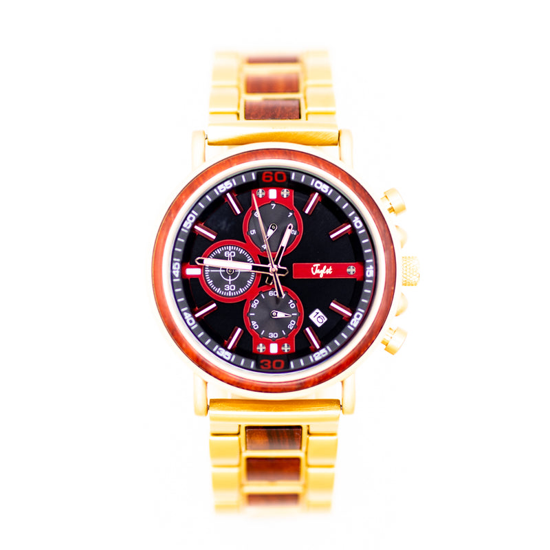 Junglist Wristwatch with gold strap and red and black face on a white background