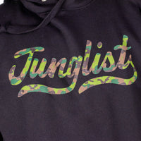 Black hoodie with 'Junglist' in camouflage text