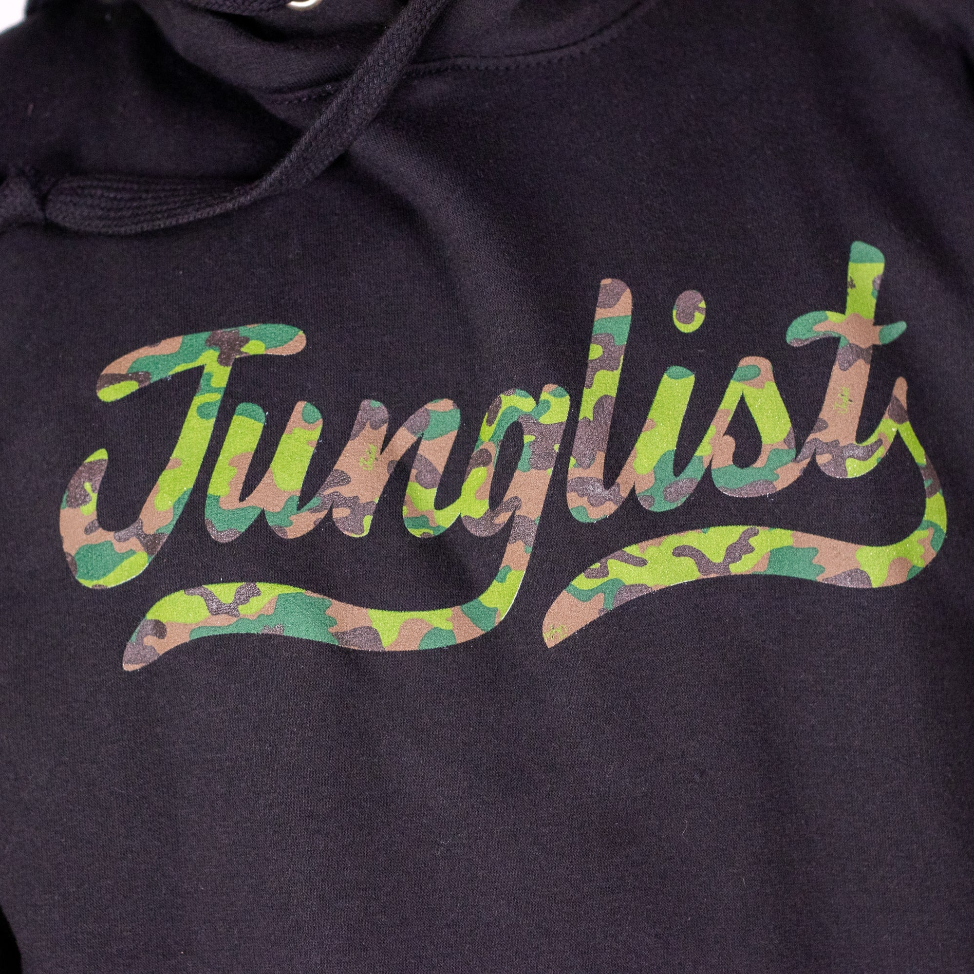 Black hoodie with 'Junglist' in camouflage text