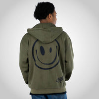 Rewired Smiley Olive Zip Hoody worn by a Junglist