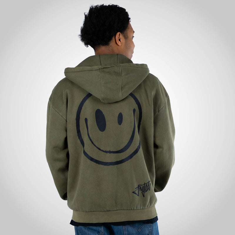 Rewired Smiley Olive Zip Hoody worn by a Junglist