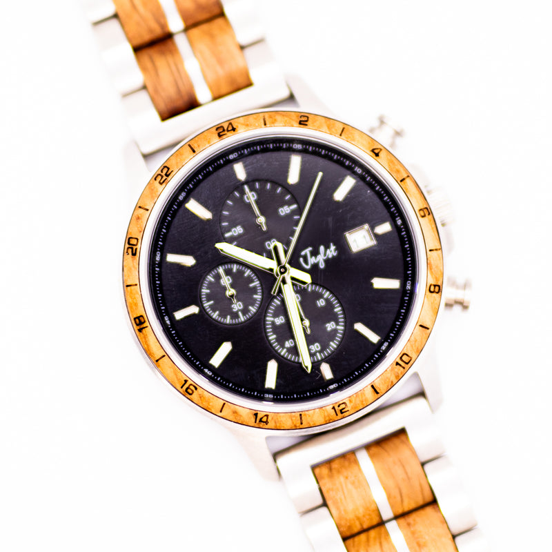 Junglist watch with wooden strap and black dial on a white background