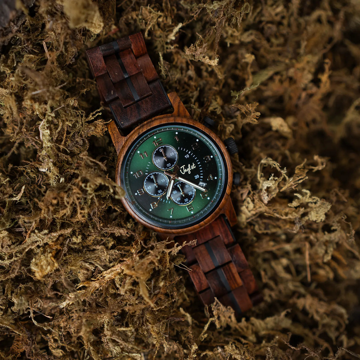 Jnglst Watch on a bed of moss