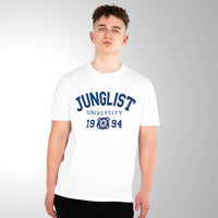 Person wearing a white t-shirt with 'Junglist University 1994' text on a gray background