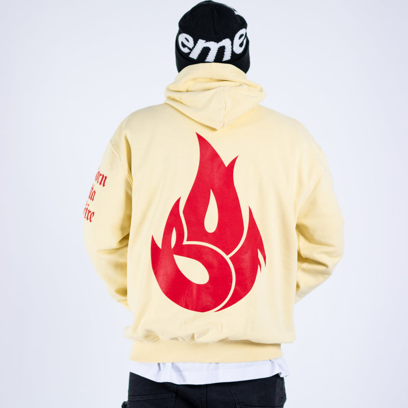 Model wearing Butter Flame Hoody with Crimson print