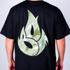 Black  Born Outta Fire t-shirt with a green and white design on the back against a plain background