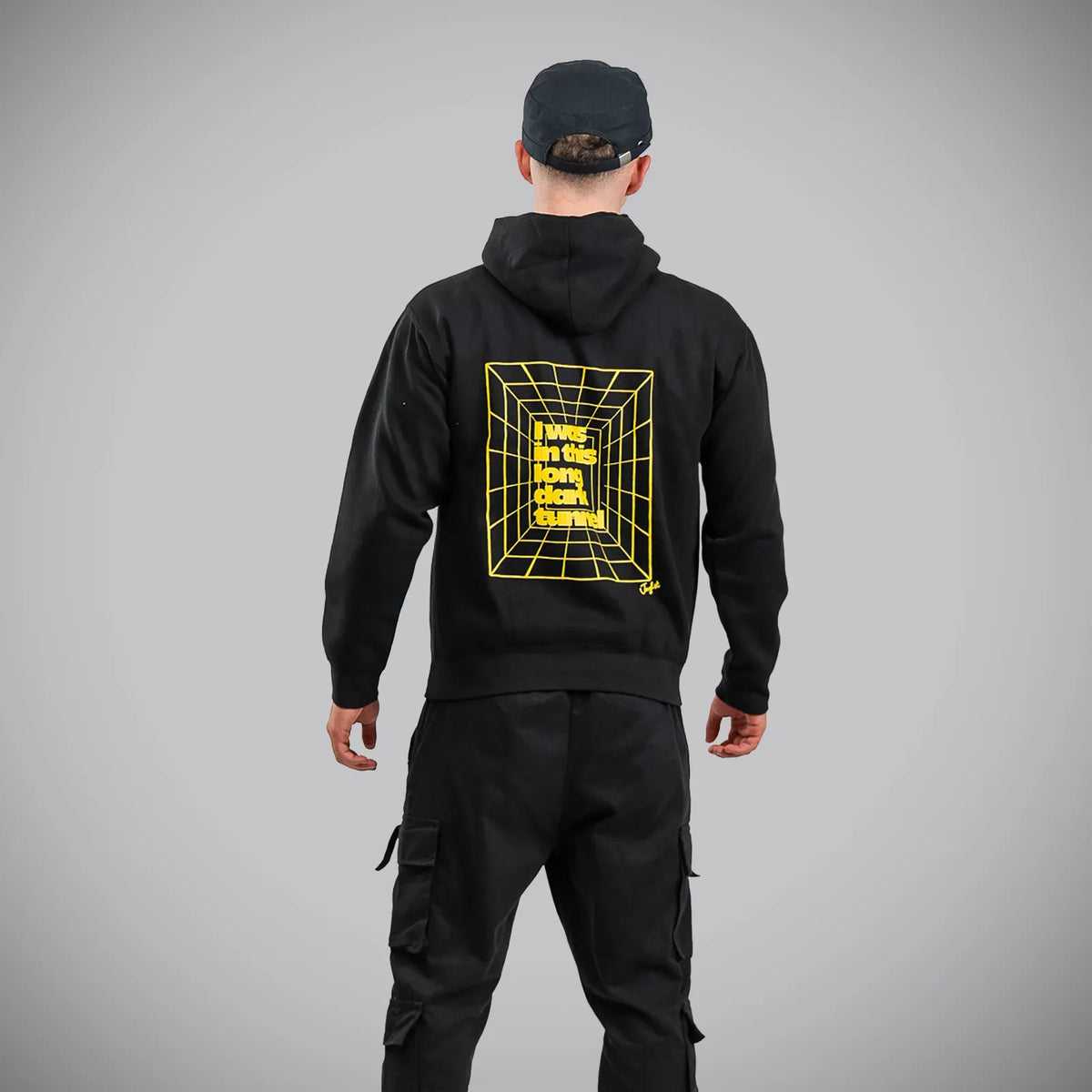 Jnglst Long Dark Tunnel Hoody back print yellow on black hoody