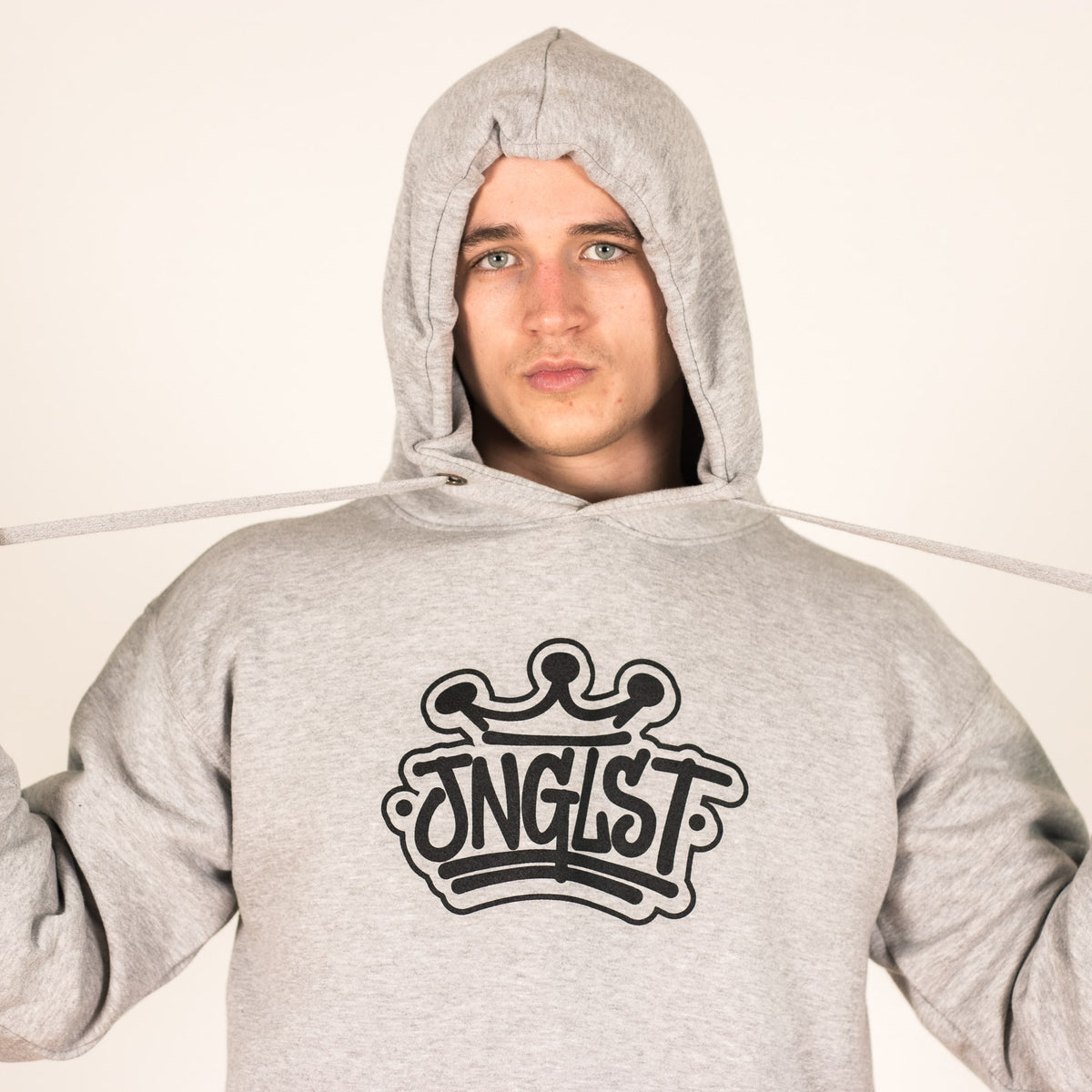Model wearing grey junglist crown hoody