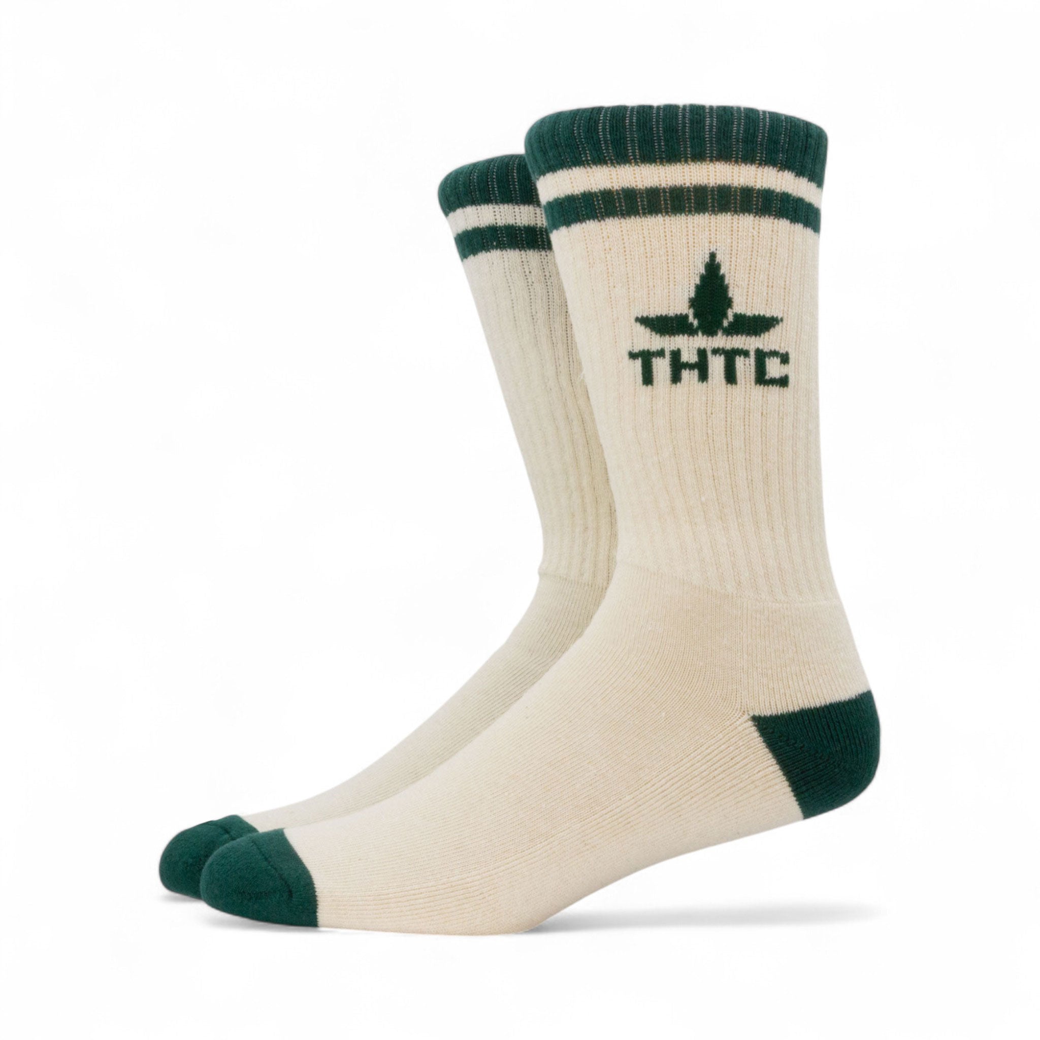 Beige socks with green accents and 'THTC' logo on a white background