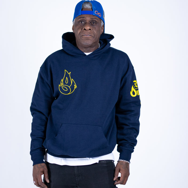 Marvellous Cain wearing Navy Flame Hoody