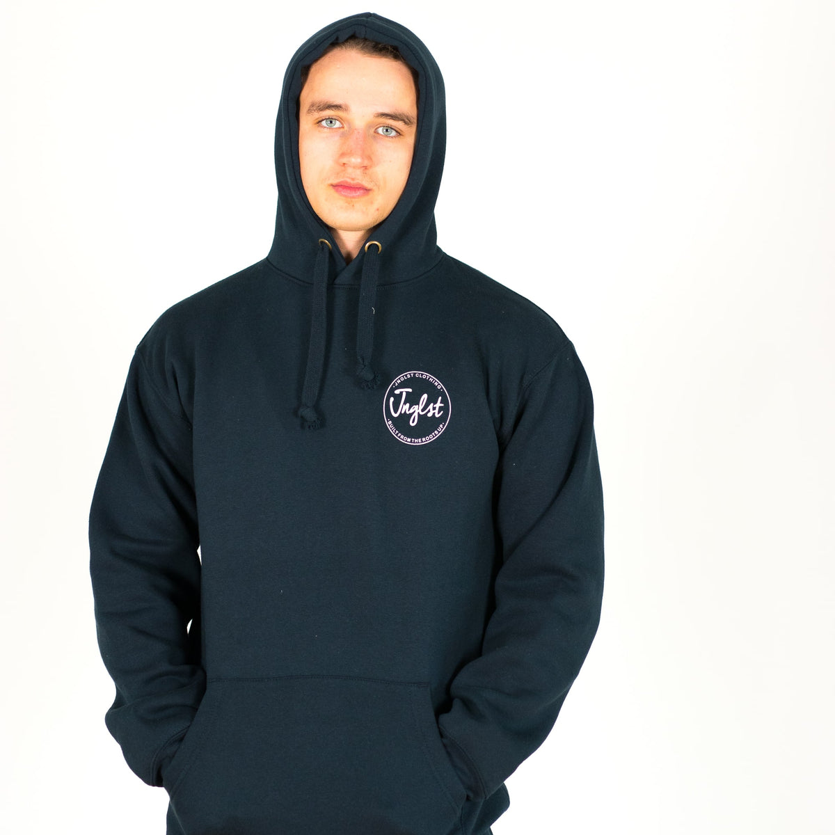 Model wearing our Navy Junglist Roots Up Hoody