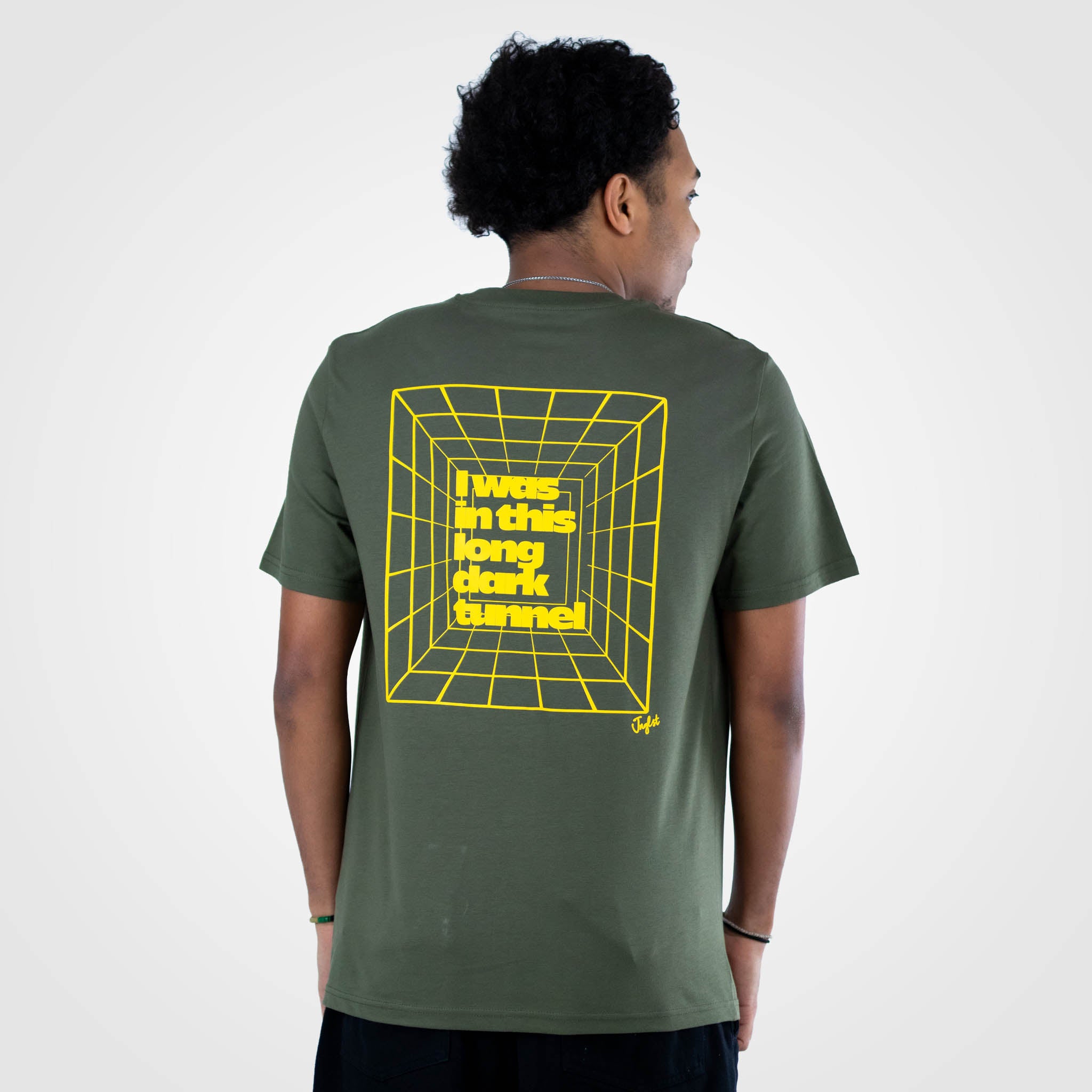 Long Dark Tunnel T-Shirt worn by model for Jungle photoshoot