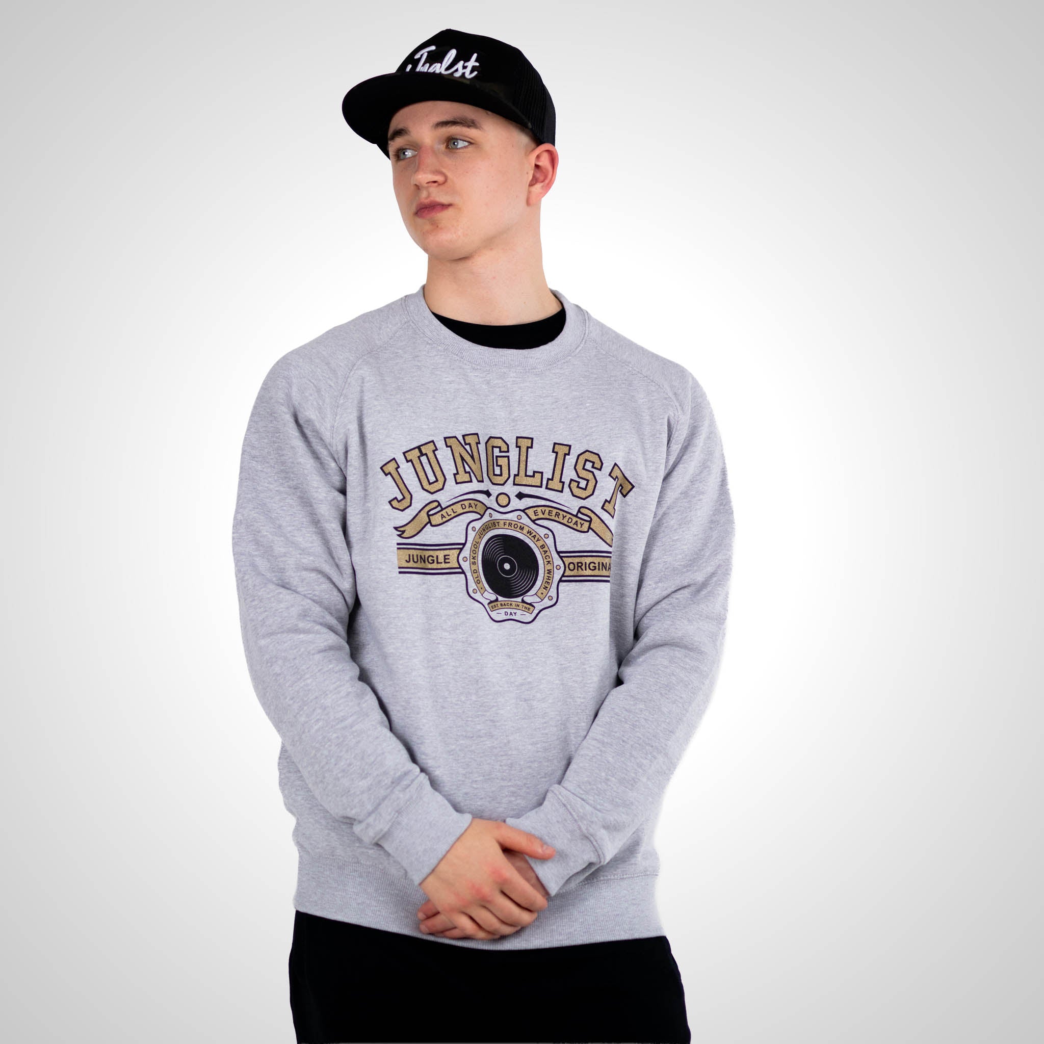 Original Junglist Grey Sweatshirt with black jnglst cap