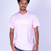 Person wearing a light pink t-shirt with 'Junglelist' text on a plain background