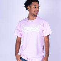 Person wearing a pink t-shirt with 'Jumplist' text on a light gray background