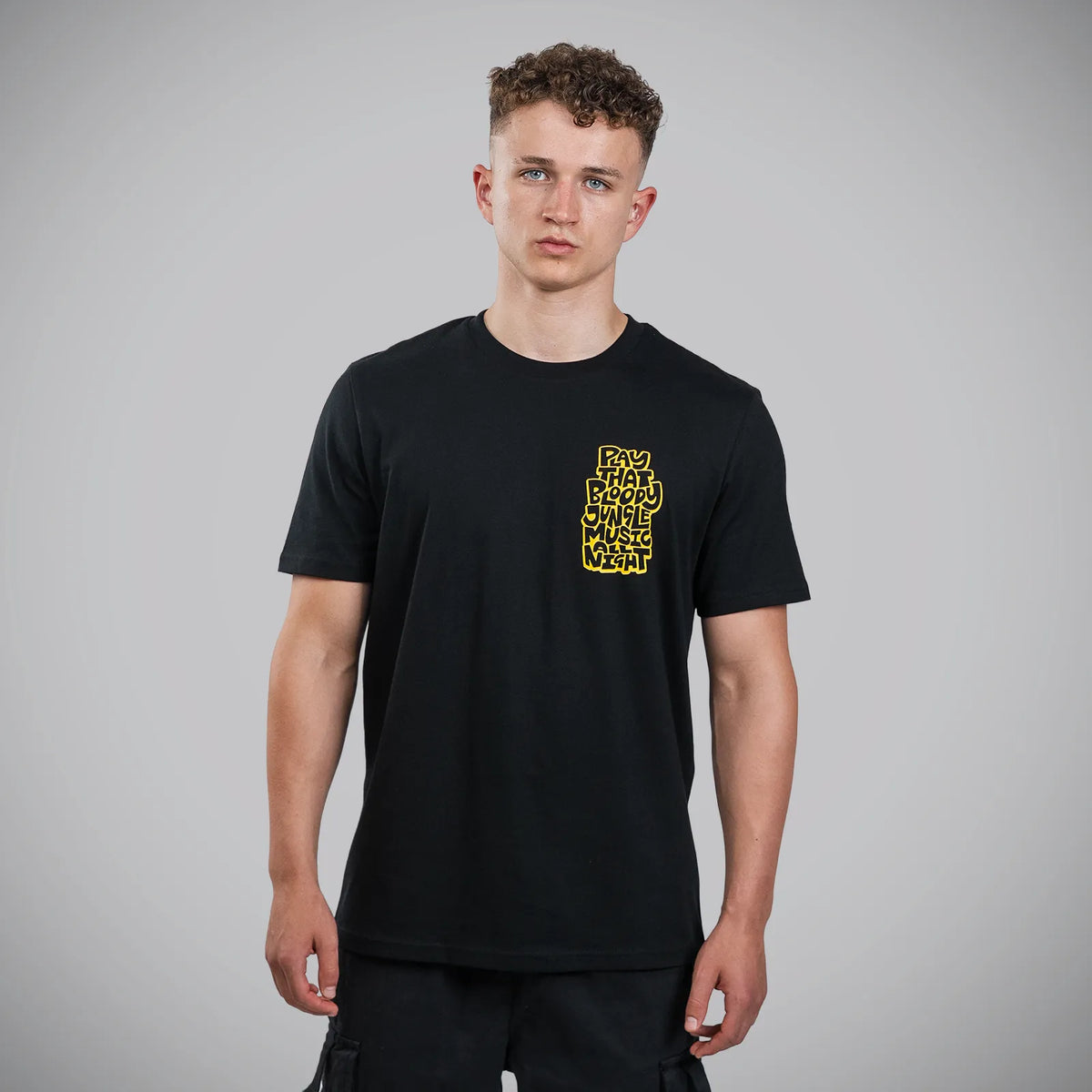 Play That Bloody Jungle Music All Night model wearing new Junglist t-Shirt