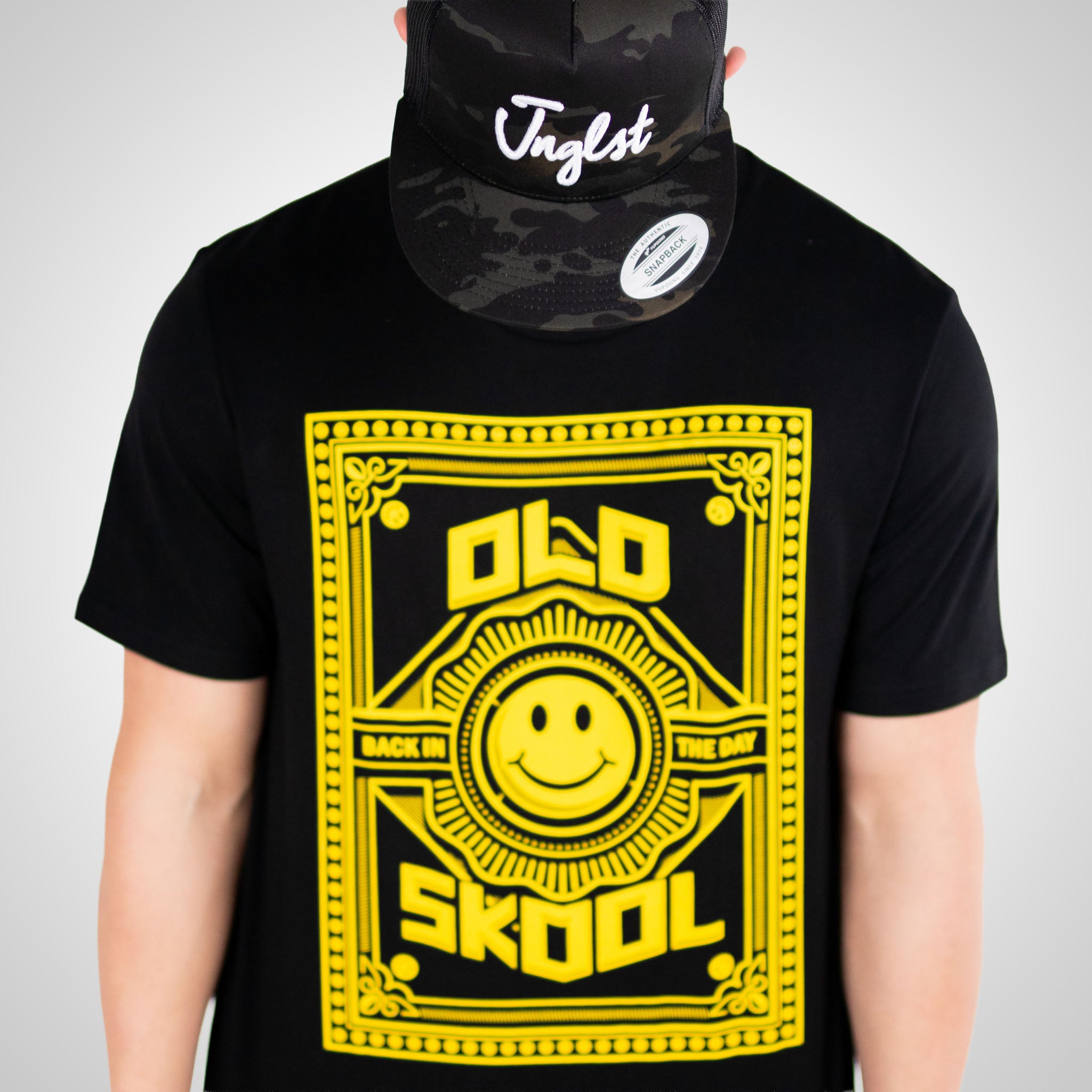 Old Skool Rave T-Shirt with bright yellow smiley
