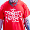 Junglist Network white print on a red t shirt