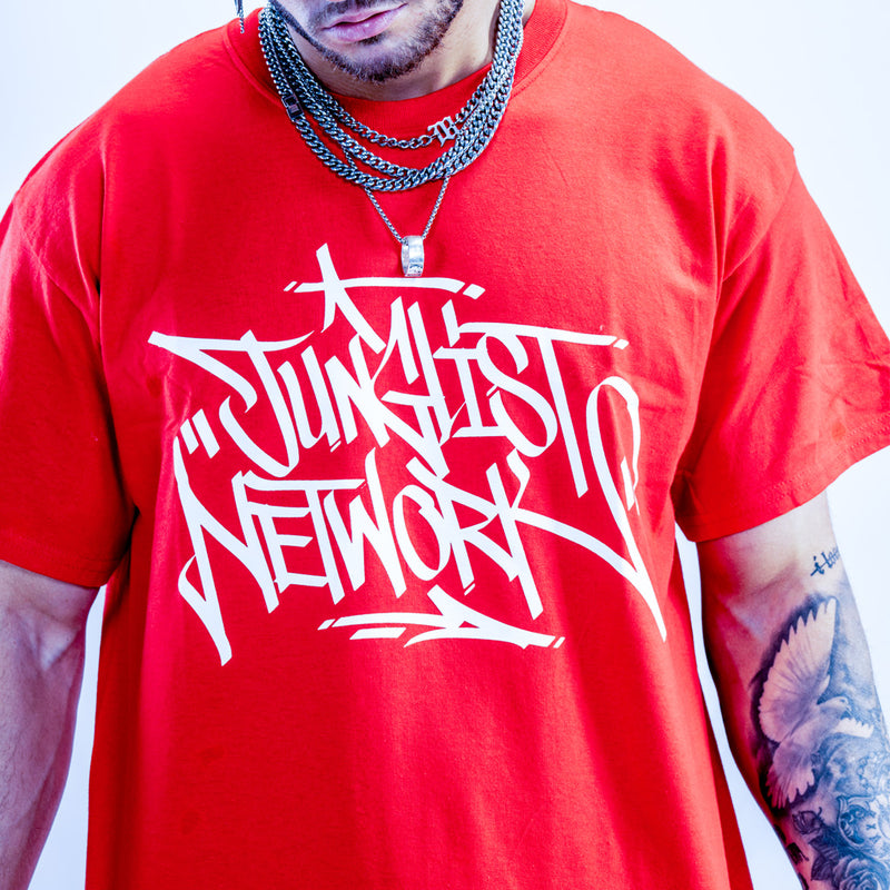 Junglist Network white print on a red t shirt