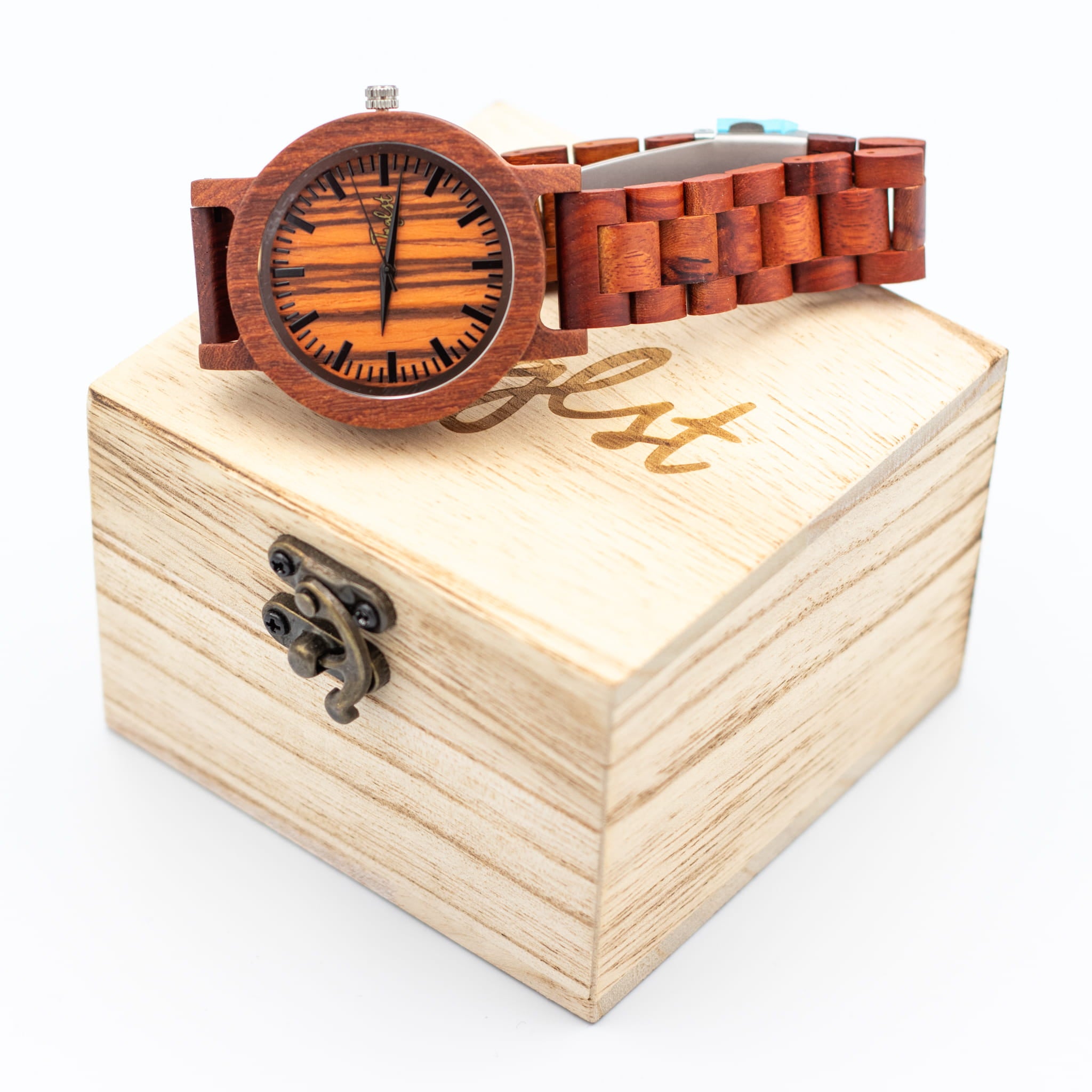 Red wooden junglist watch on case