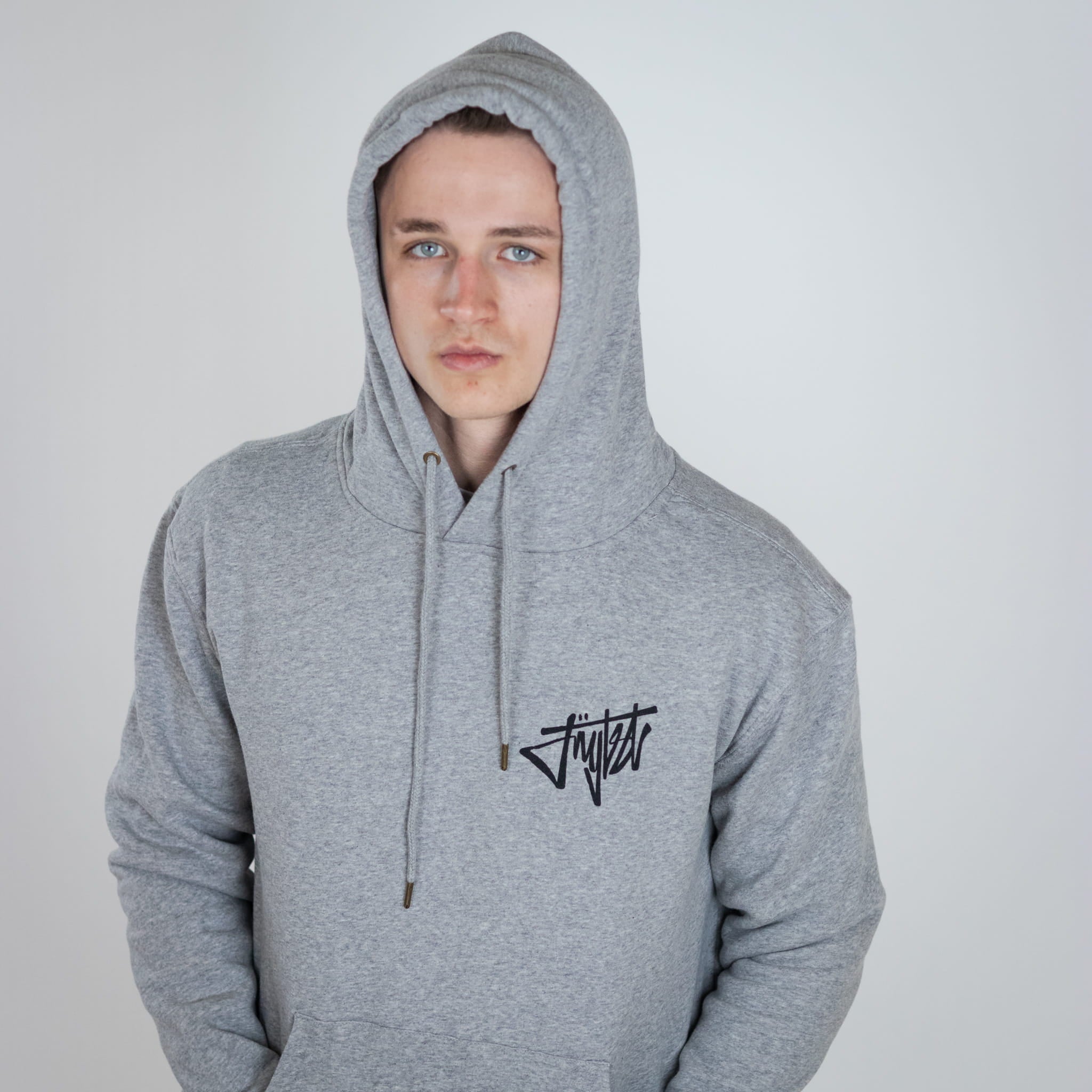 Rewired Smiley Junglist Grey Hoody with hood up