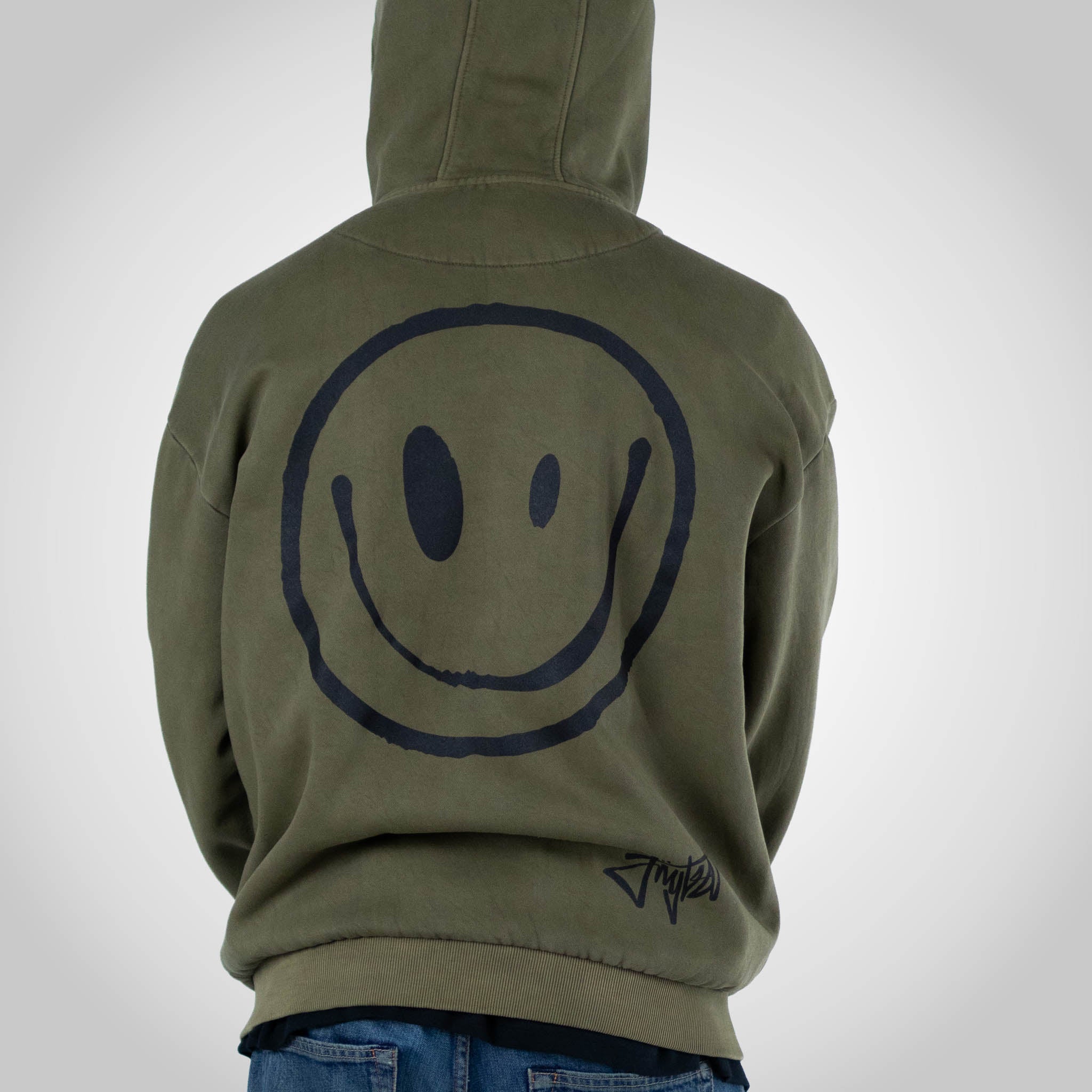 Rewired Smiley Olive Zip Hoody back of hooded top