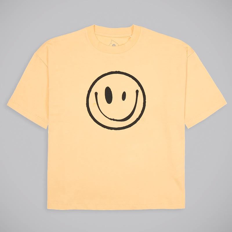 A pale yellow short-sleeve crewneck t-shirt featuring a large black hand-drawn smiley face graphic on the chest, displayed flat against a neutral gray background.