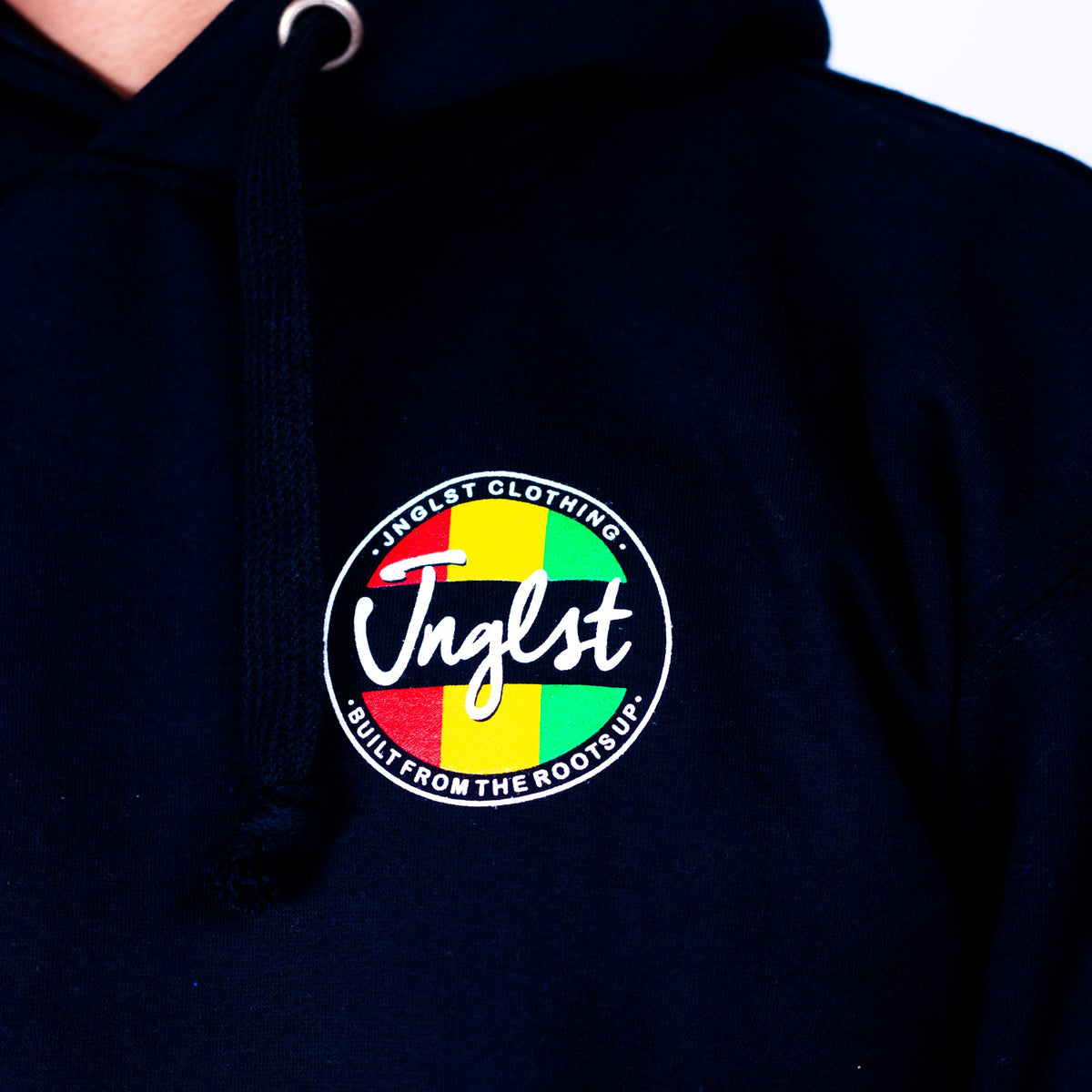 Black hoodie with a colorful logo on the chest
