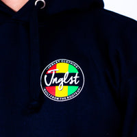 Black hoodie with a colorful logo on the chest