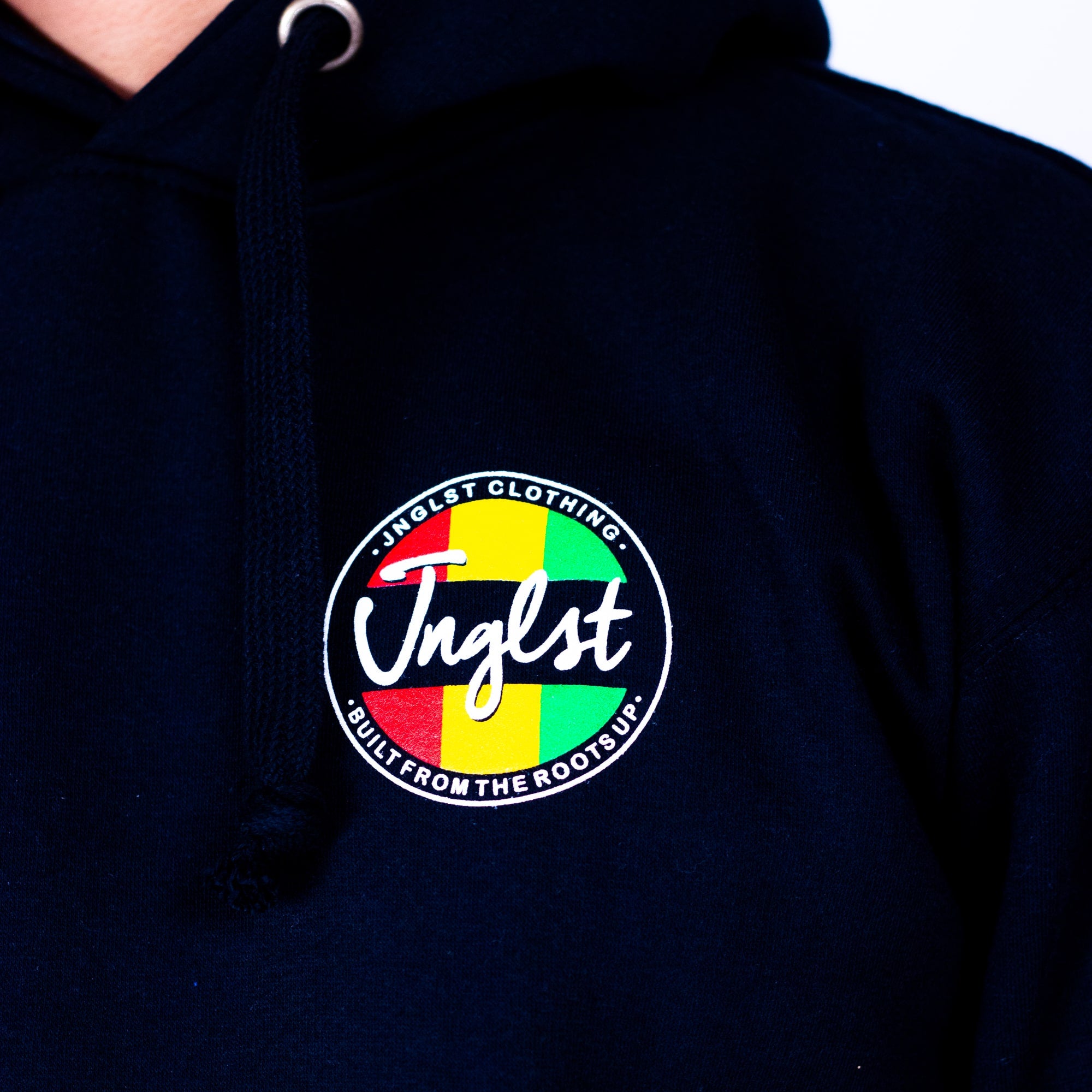 Black hoodie with a colorful logo on the chest
