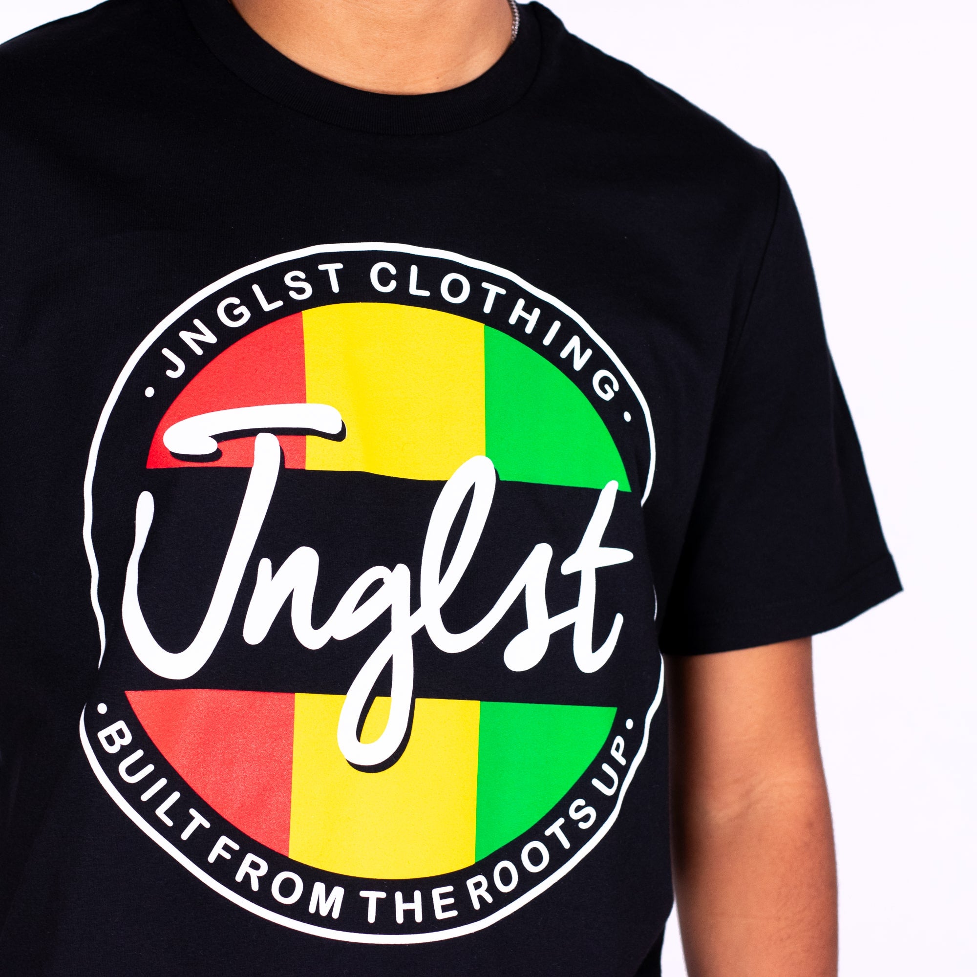 Black t-shirt with colorful logo and text on a white background