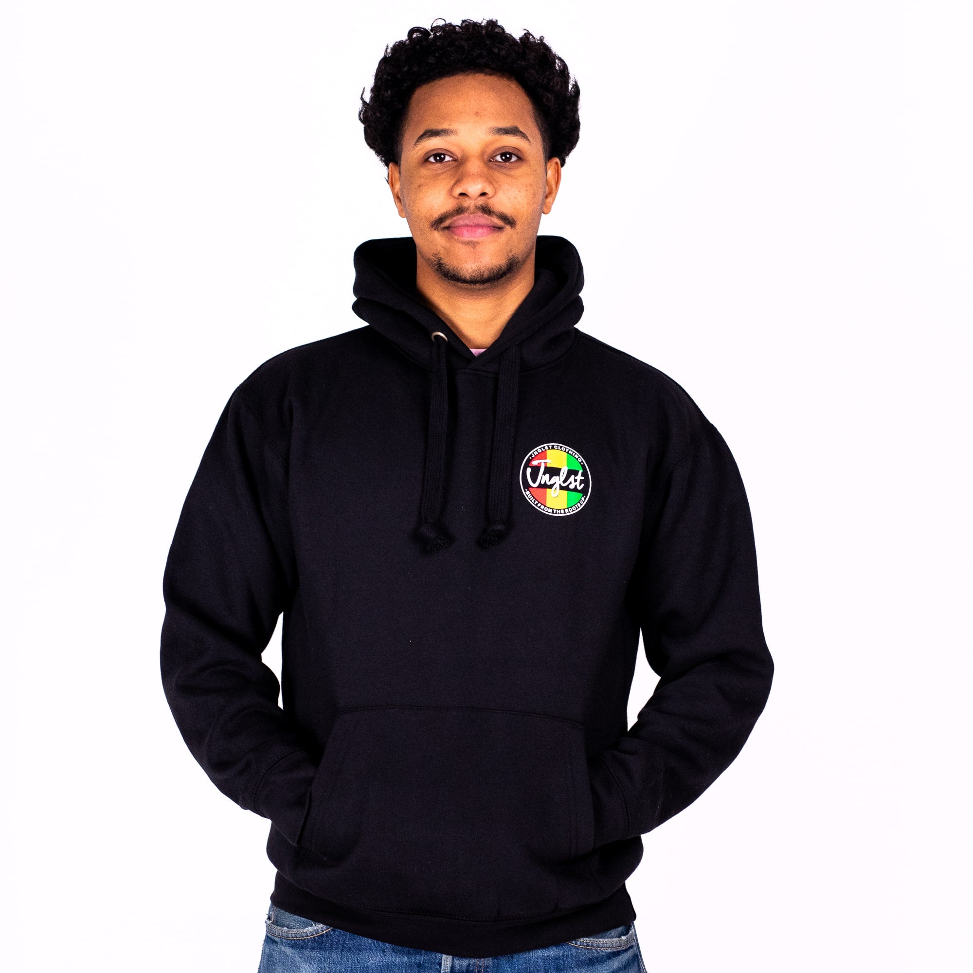 Person wearing a black hoodie with a colorful logo on a white background