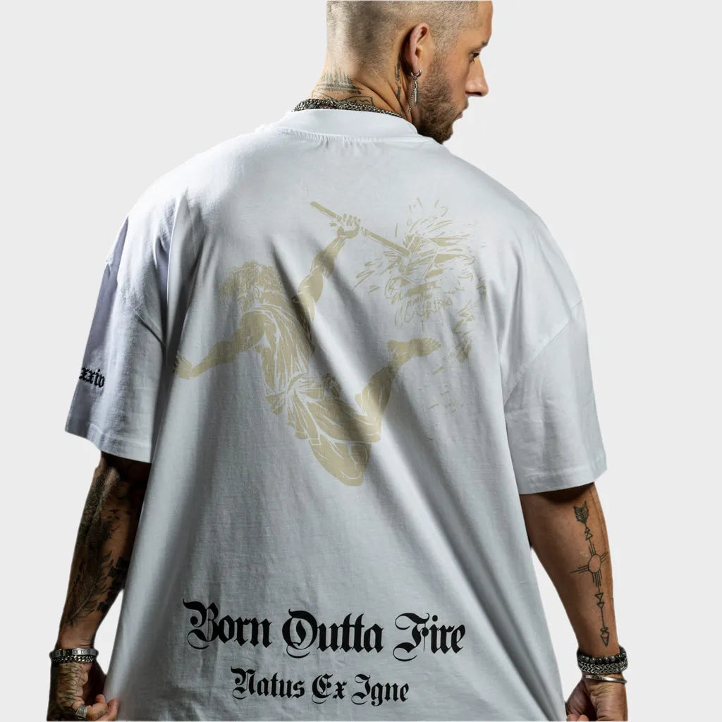 Oversized White and Sand Vulcan God of Fire T-Shirt
